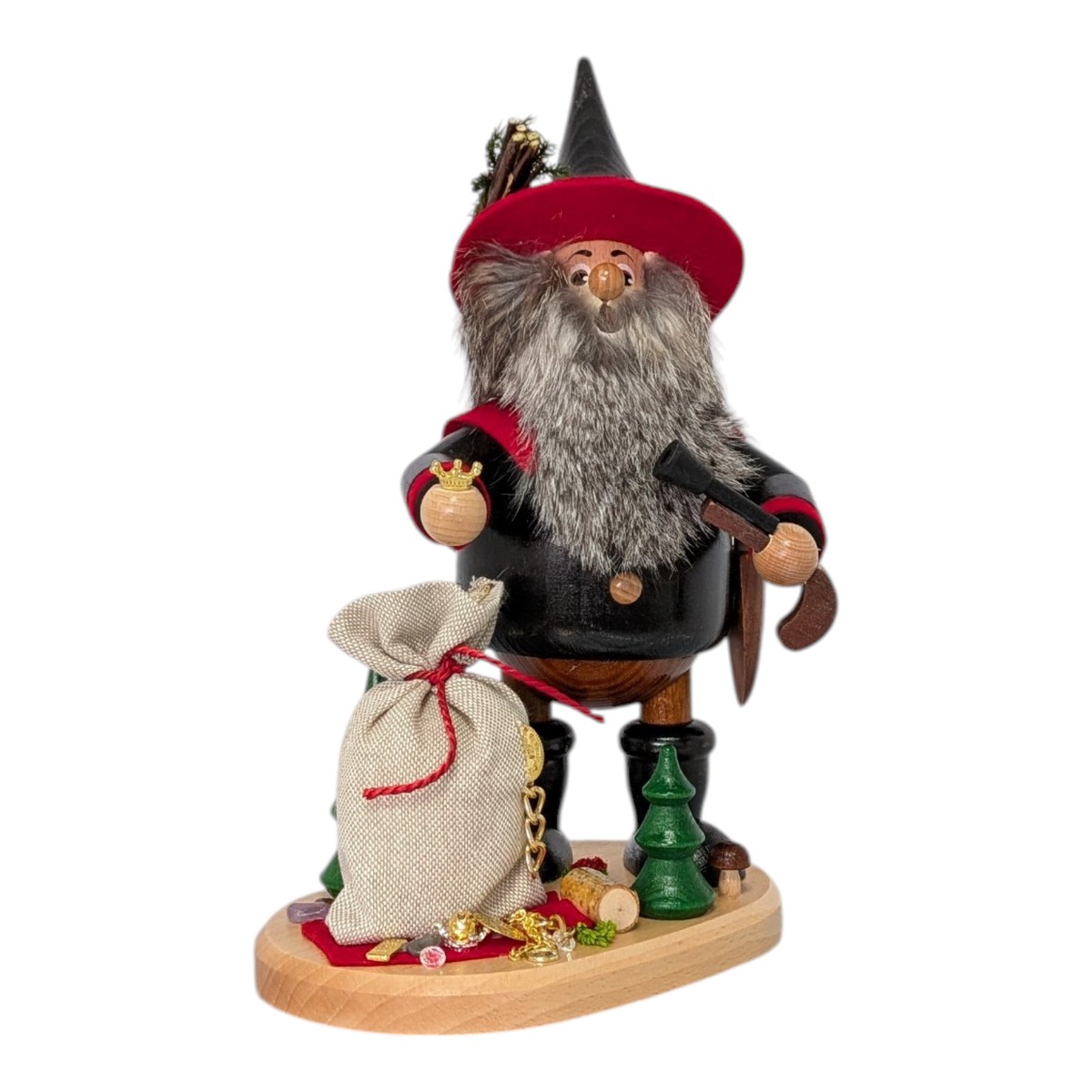 Incense burner figure of a robber gnome with a sack of gold, black