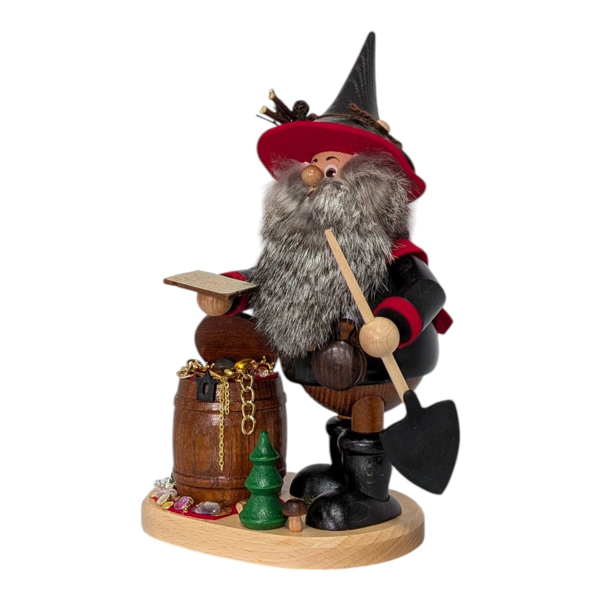Incense burner figure of a robber gnome with a wooden barrel, black