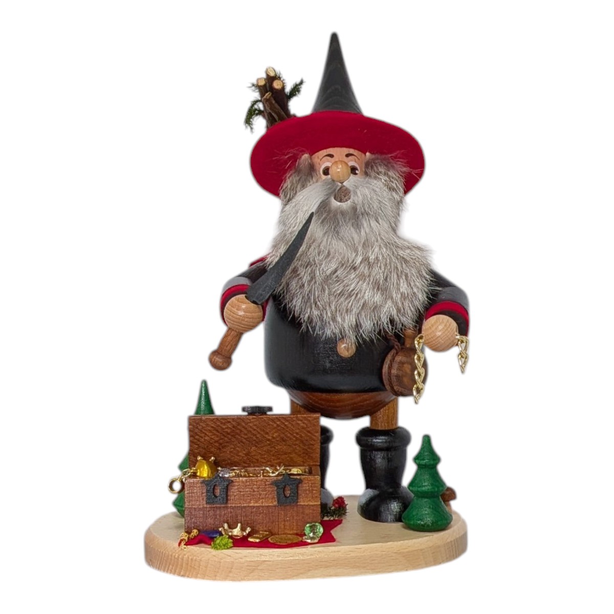 Incense burner figure of a robber gnome with treasure chest, black