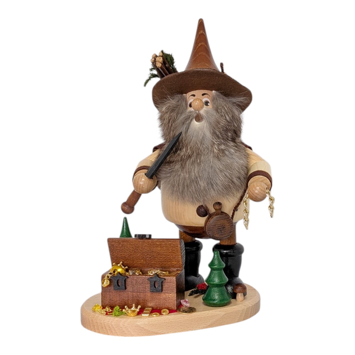 Incense burner figure of a robber gnome with treasure chest