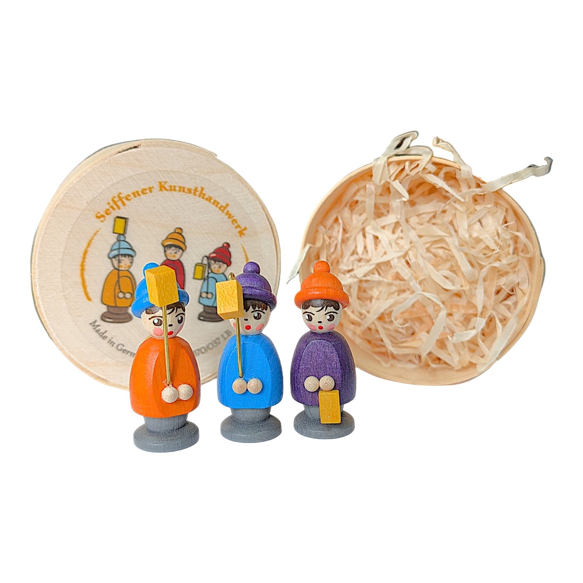 Miniature lantern children in a wooden box, colorful
