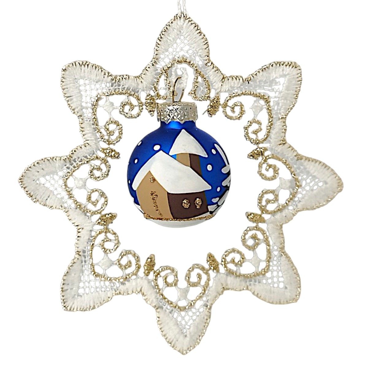Plauen lace tree ornament with Christmas bauble, blue