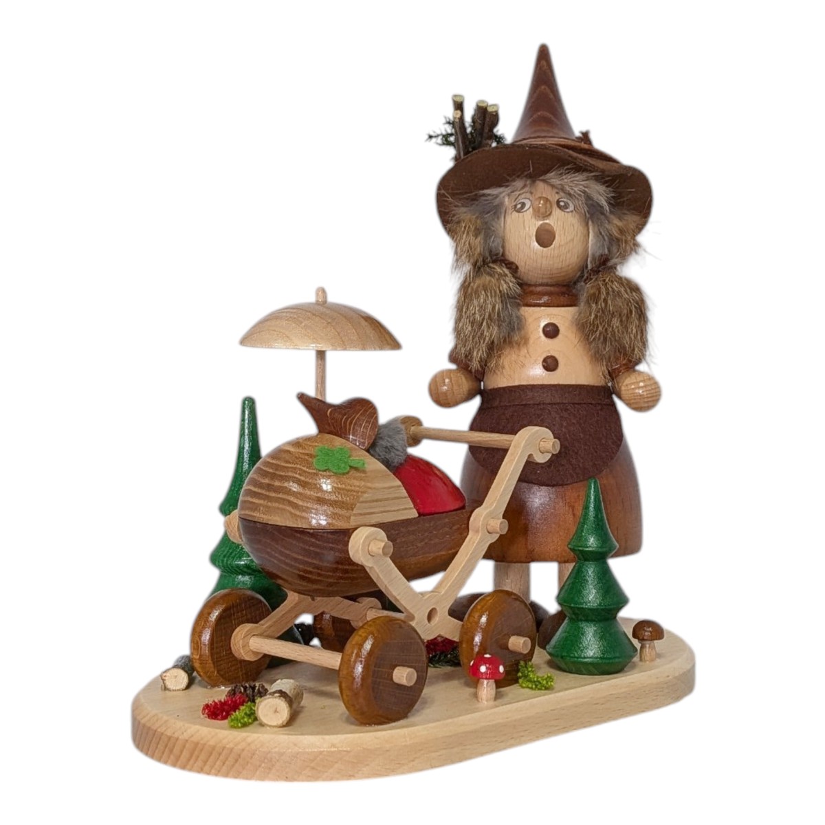 Smoking figure gnome woman with stroller