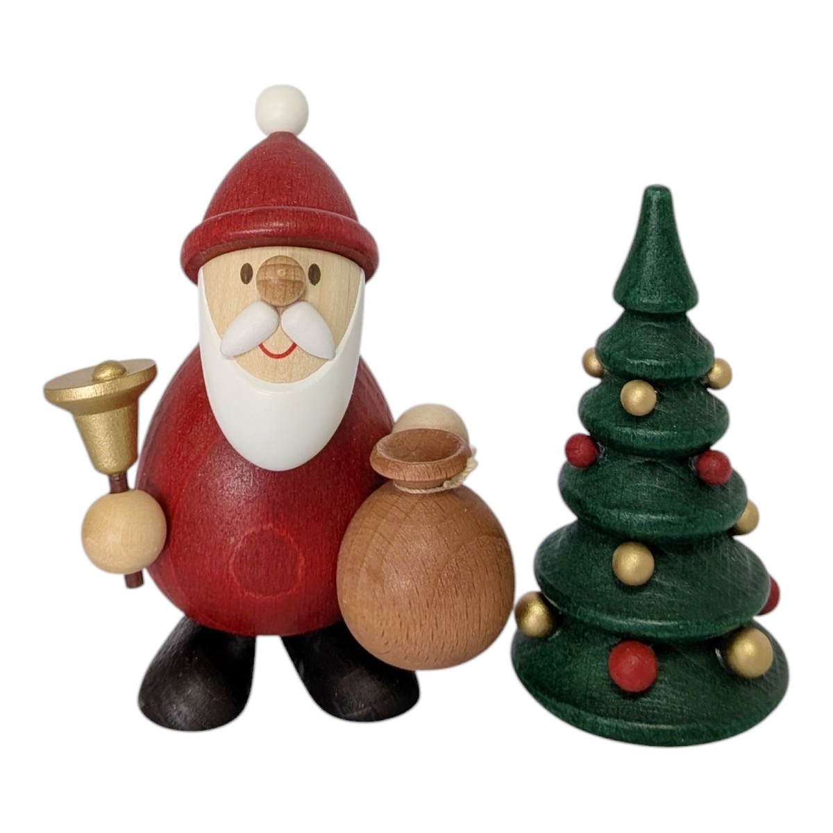 Santa Claus with bell, sack, and Christmas tree