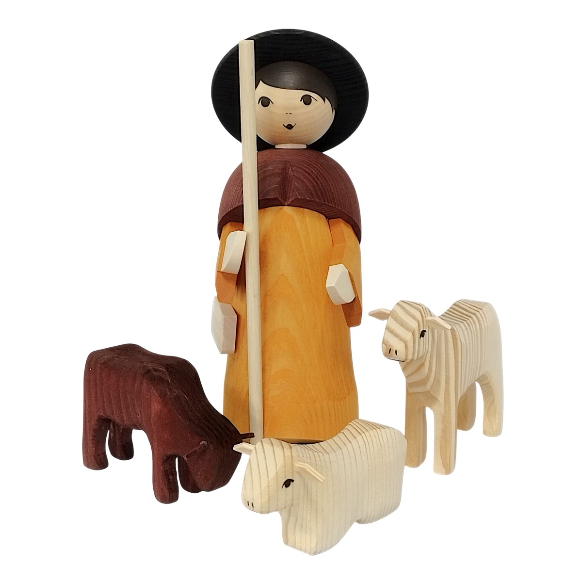 Shepherd with 3 sheep, stained 22cm