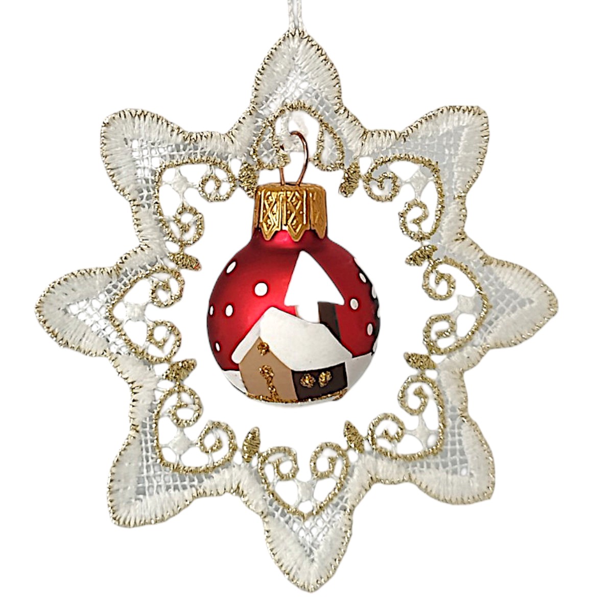 Tree decoration Plauen lace with Christmas tree ball