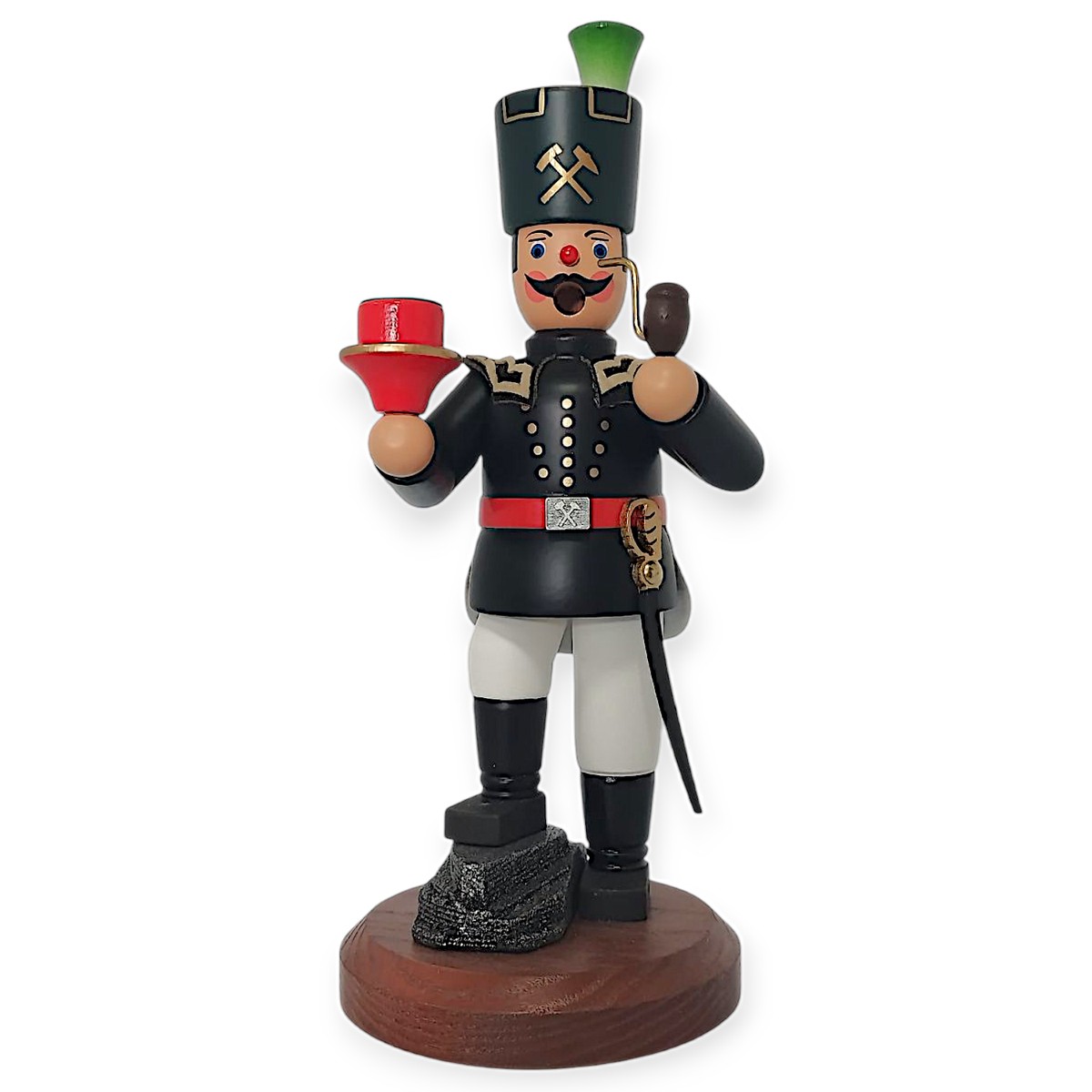 Smoking man miner climber with bent leg and candle holder