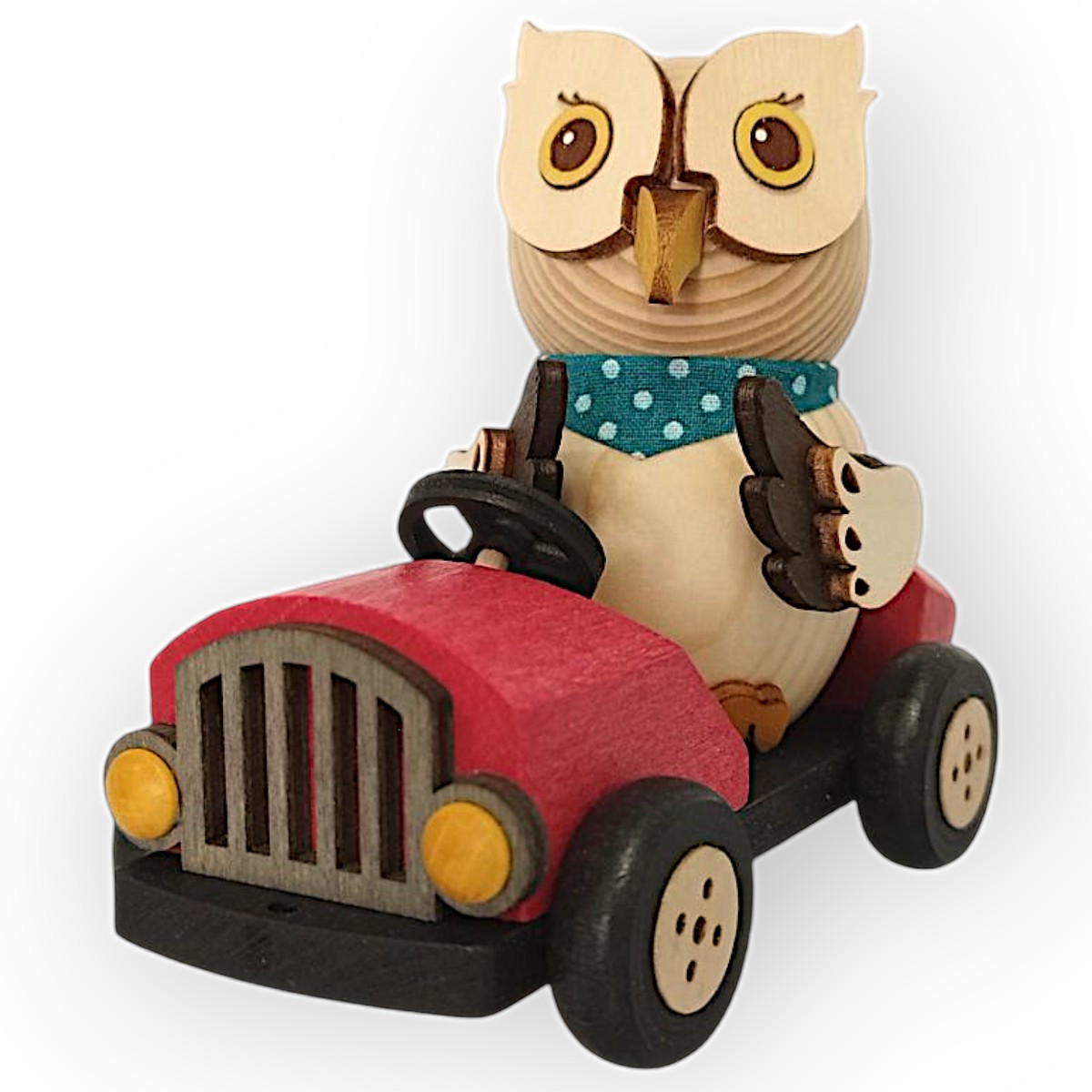 Wooden figure mini owl in a speedster, red