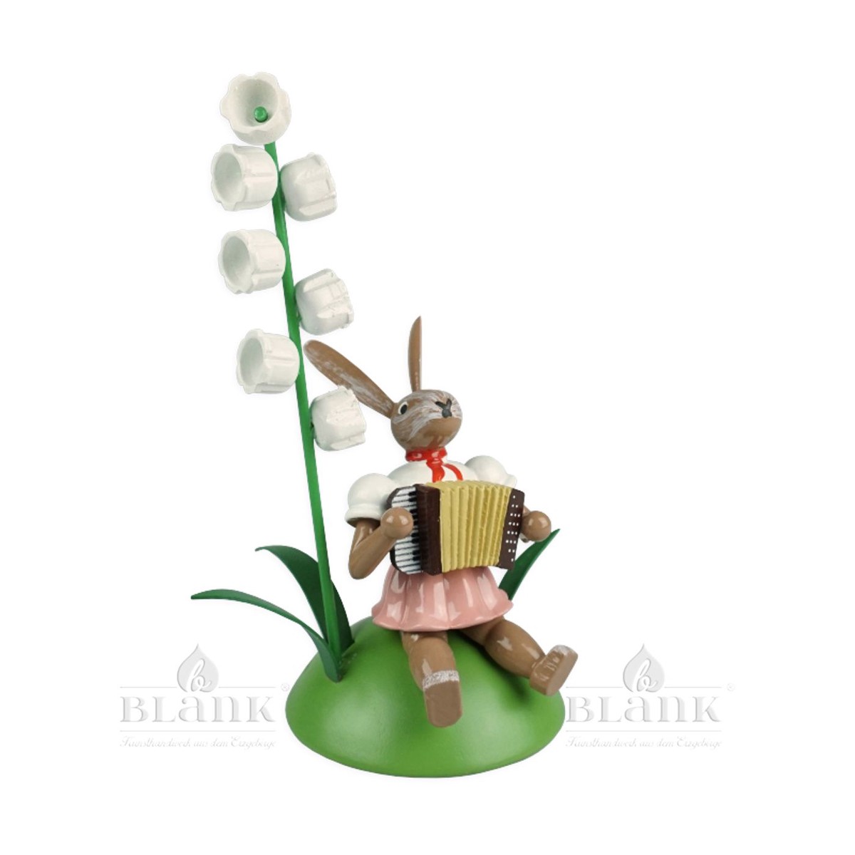 Blank Easter Bunny sitting with lily of the valley and accordion