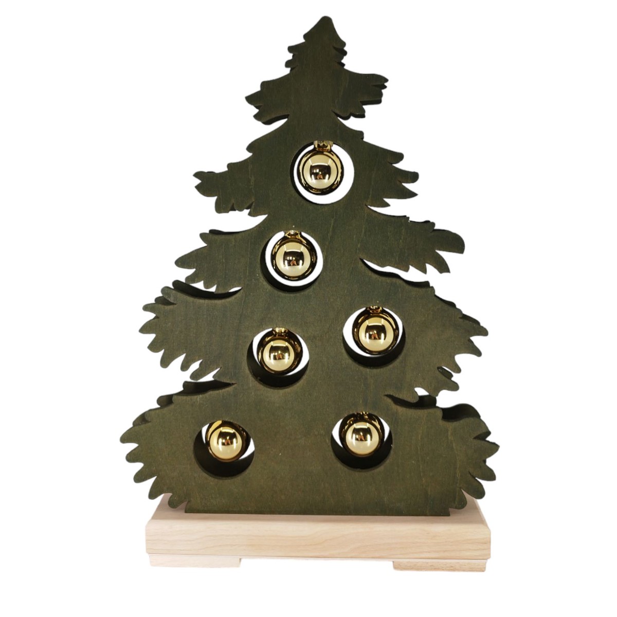 Light fir tree stained green with golden balls