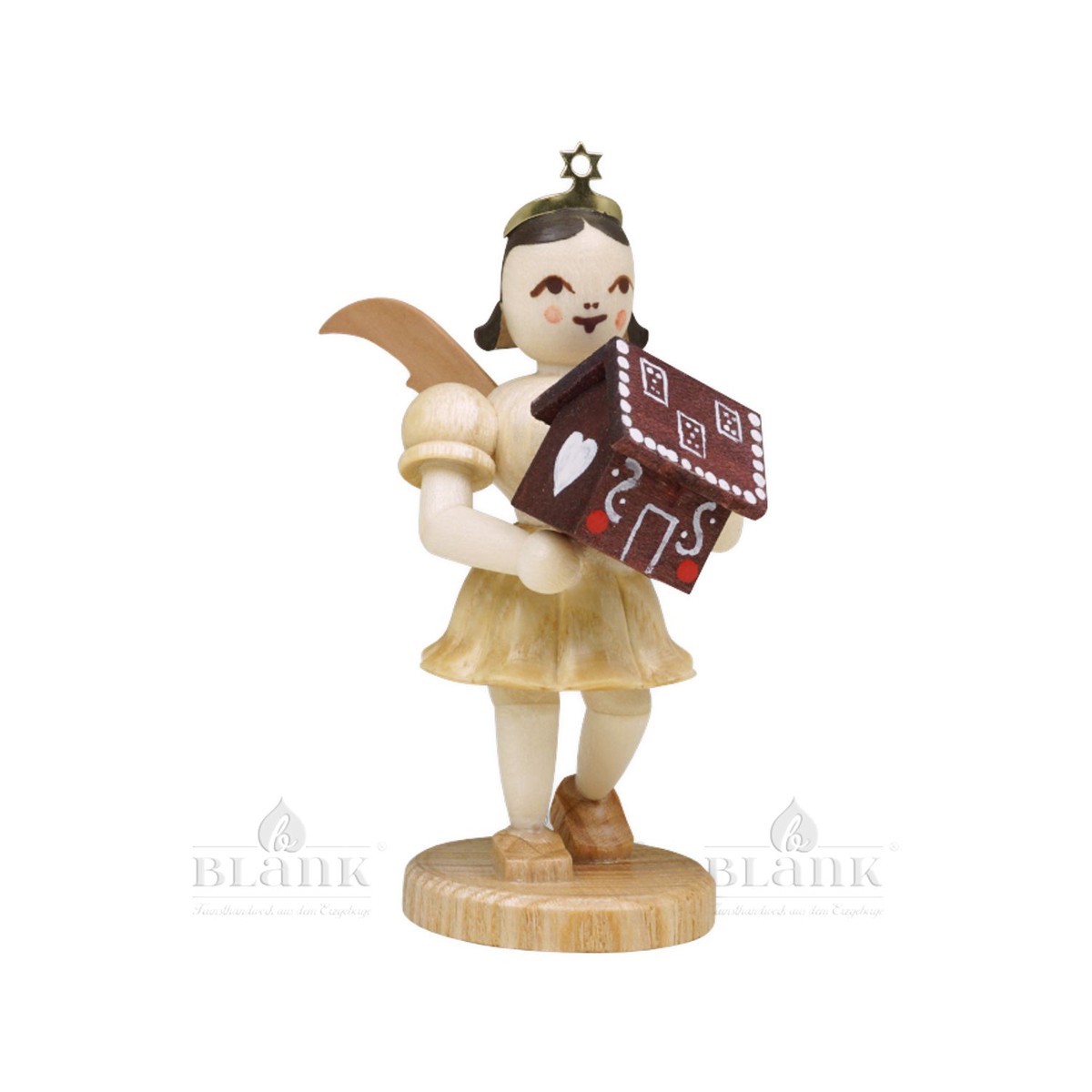 Short skirt angel with gingerbread house