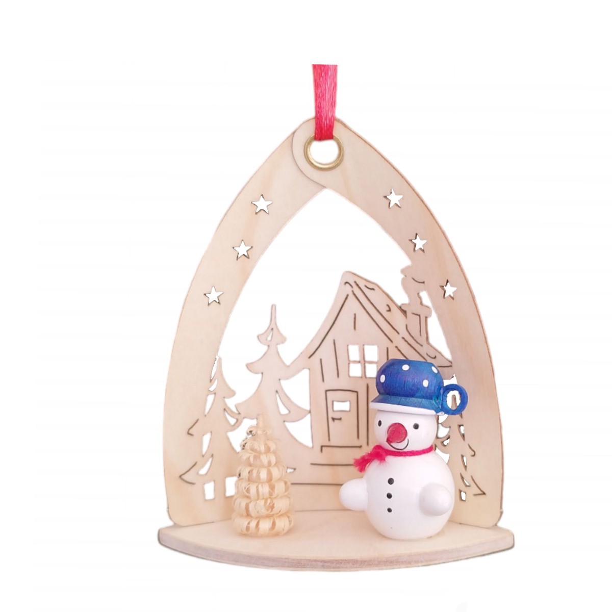 Tree hanging snowman in front of the house, blue