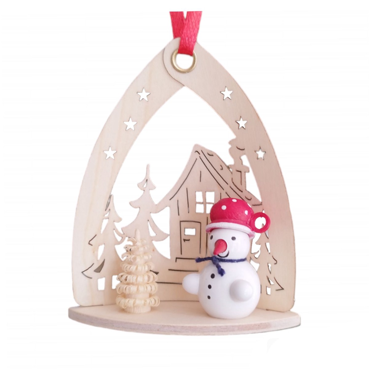 Snowman tree hanging in front of the house, red
