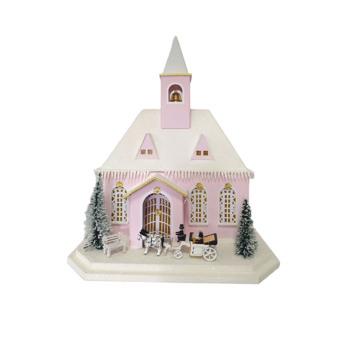 Light house pink church with wedding carriage