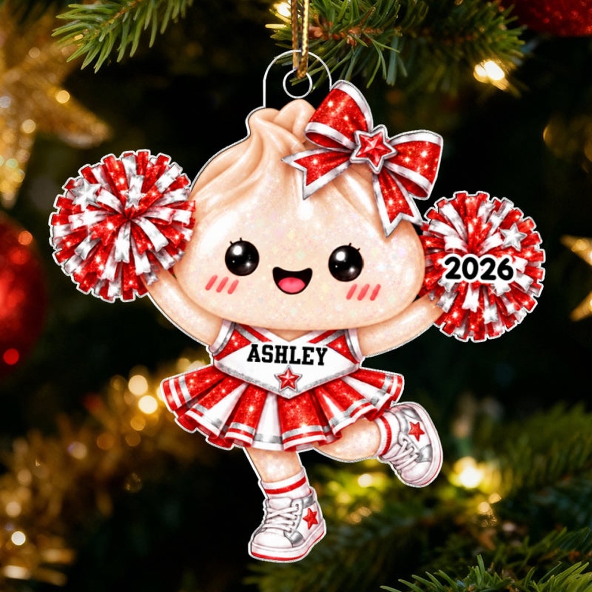 Cute Funny Cheerleader Dumpling Dim Sum Custom Name - Personalized Acrylic Ornament - Christmas Gift, Keepsake For Cheerleaders, Daughters, Granddaughters - Acrylic | 3.54" | 1 O