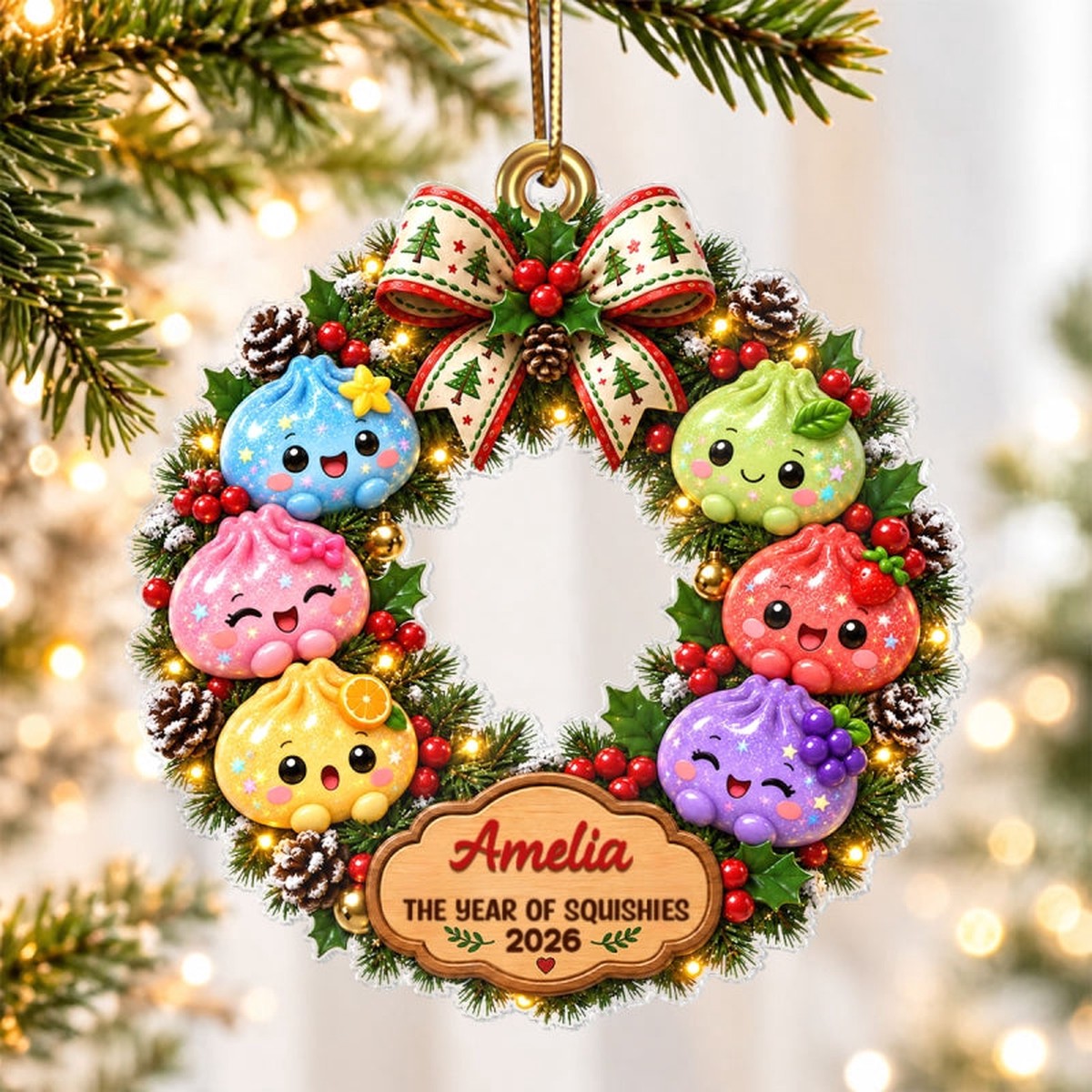 The Year Of Squishies Dumpling Wreath 2D Flat  Personalized Acrylic Ornament  Squishy Lover Christmas Keepsake 2026 - Acrylic | 3.54" | 1 Ornament