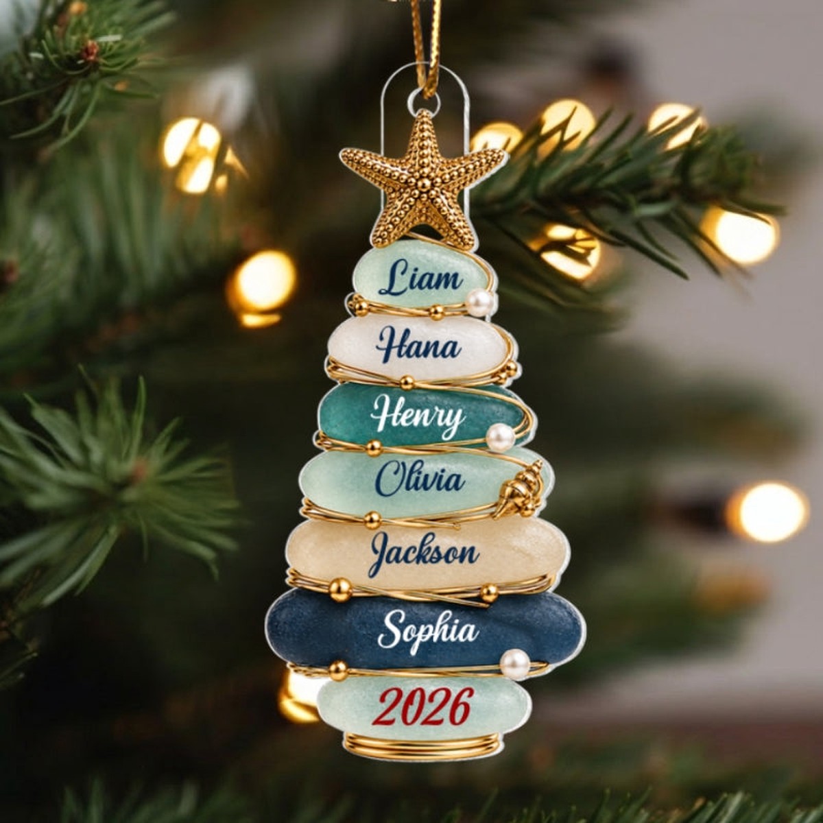 Custom Family Christmas Tree 2D Flat - Personalized Acrylic Ornament - Beach Coastal Keepsake, Grandkids Gift - Acrylic | 3.54" | 1 Ornament