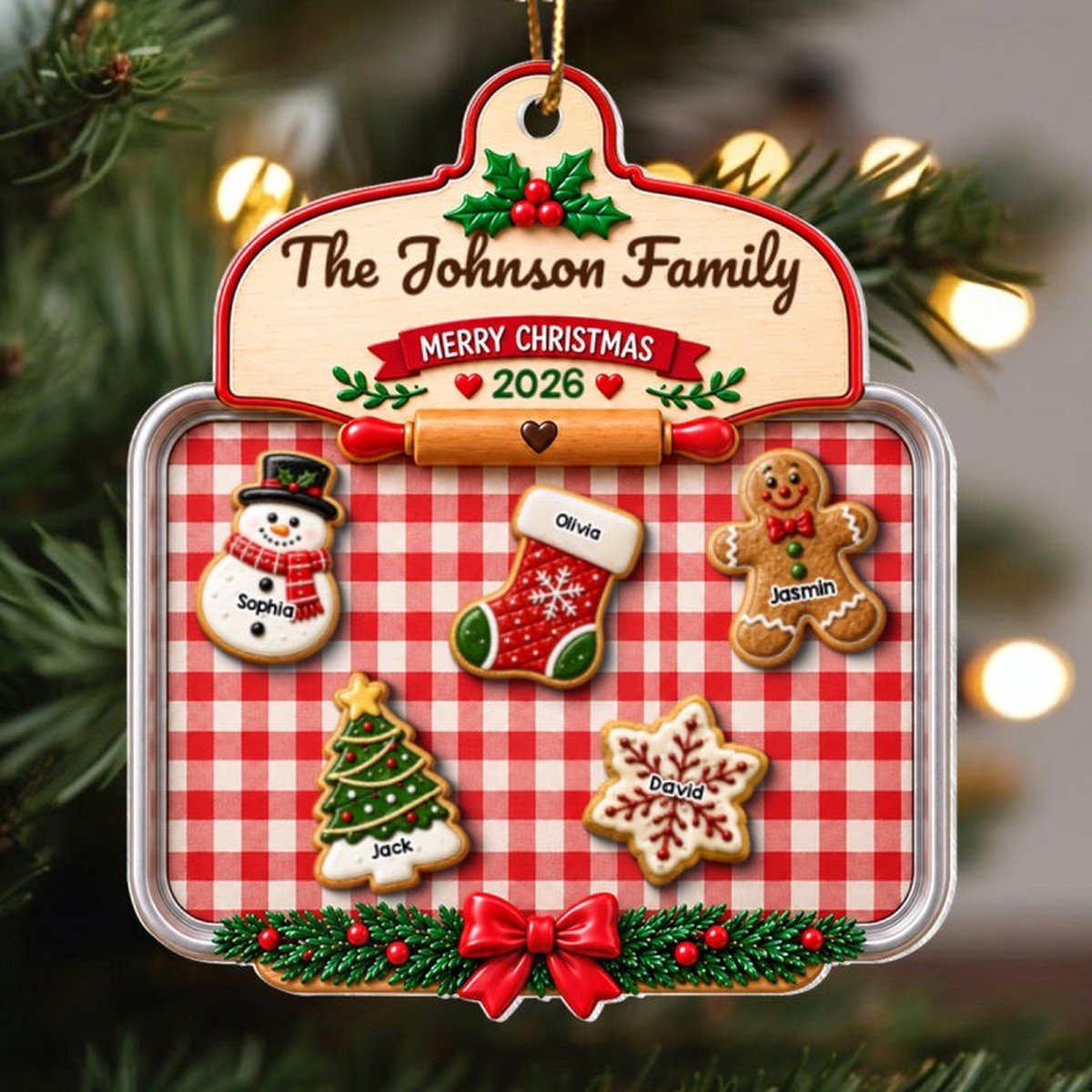 Family Cookie Plaid Pattern - Personalized Acrylic Ornament - Christmas Gift for Children - Acrylic | 3.54" | 1 Ornament