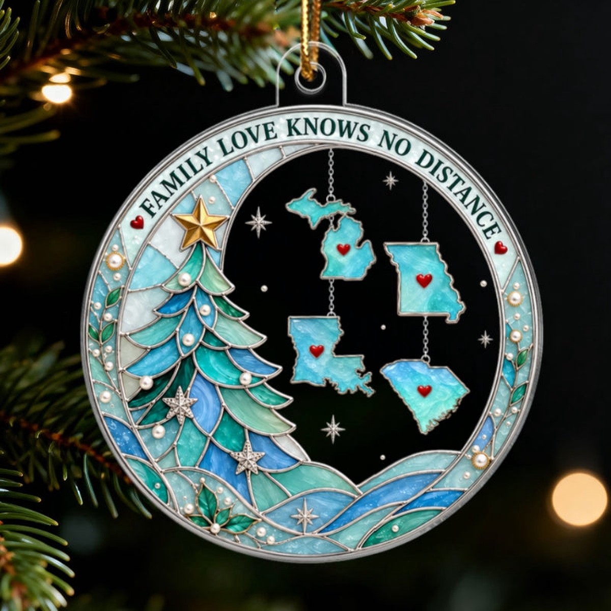 Stained Glass Family Love Knows No Distance Custom States - Personalized Acrylic Ornament - Long Distance Family Gift - Acrylic | 3.54" | 1 Ornament