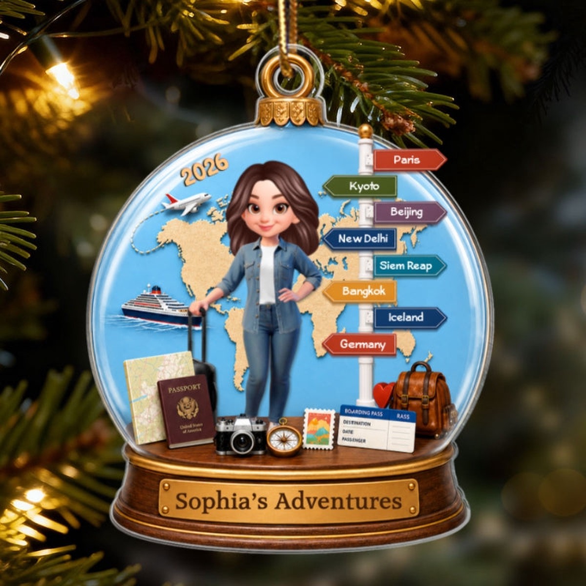 Traveling Destination Travel Adventure 2D Flat - Personalized Acrylic Ornament - Christmas Keepsake - Acrylic | 3.54" | 1 Ornament