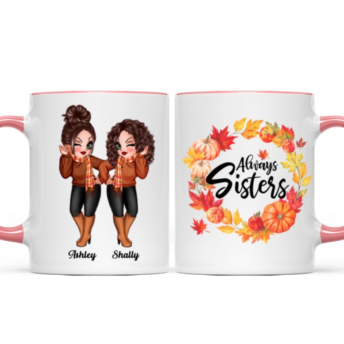 Fall Season Wreath Pretty Girls Personalized Mug - Two Tone Mug | Pink Accent | 11oz