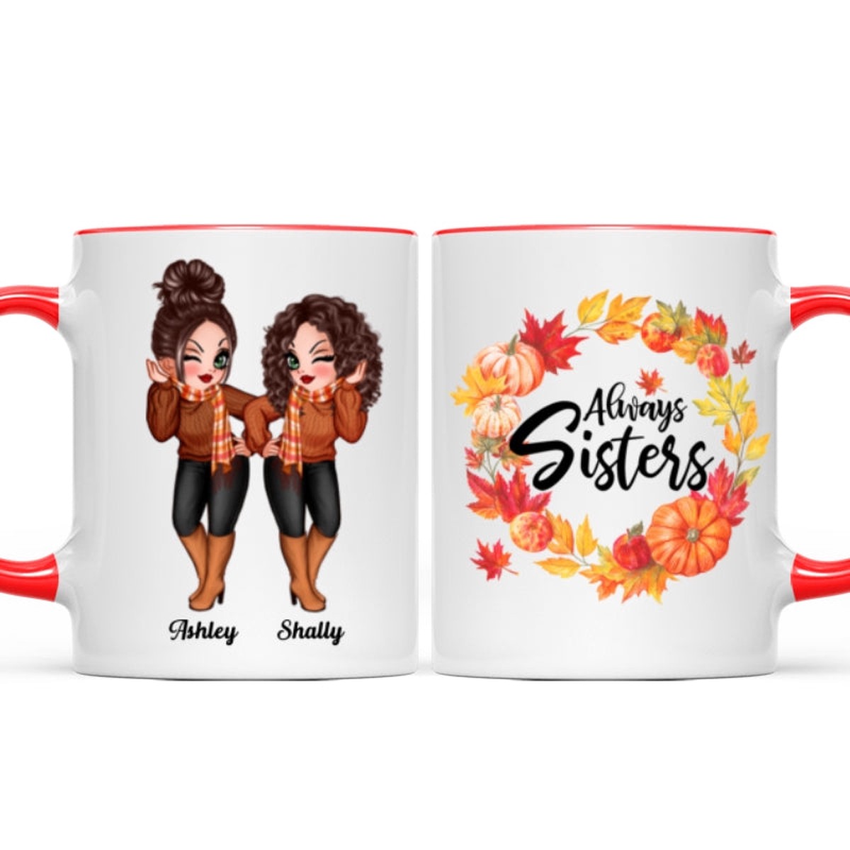 Fall Season Wreath Pretty Girls Personalized Mug - Two Tone Mug | Red Accent | 11oz