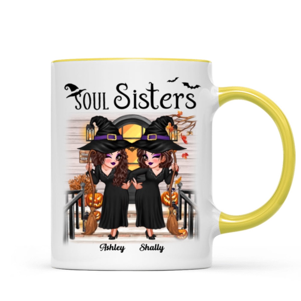 Halloween Best Friends Sister Front Porch Personalized Mug - Two Tone Mug | Yellow Accent | 11oz