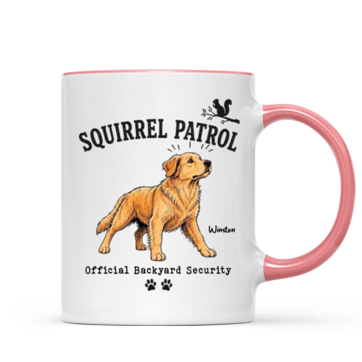 Squirrel Patrol Official Backyard Security Custom Dog Photo - Personalized Mug - Funny Gift For Dog Lover - 11oz | Two Tone Mug | Pink Accent