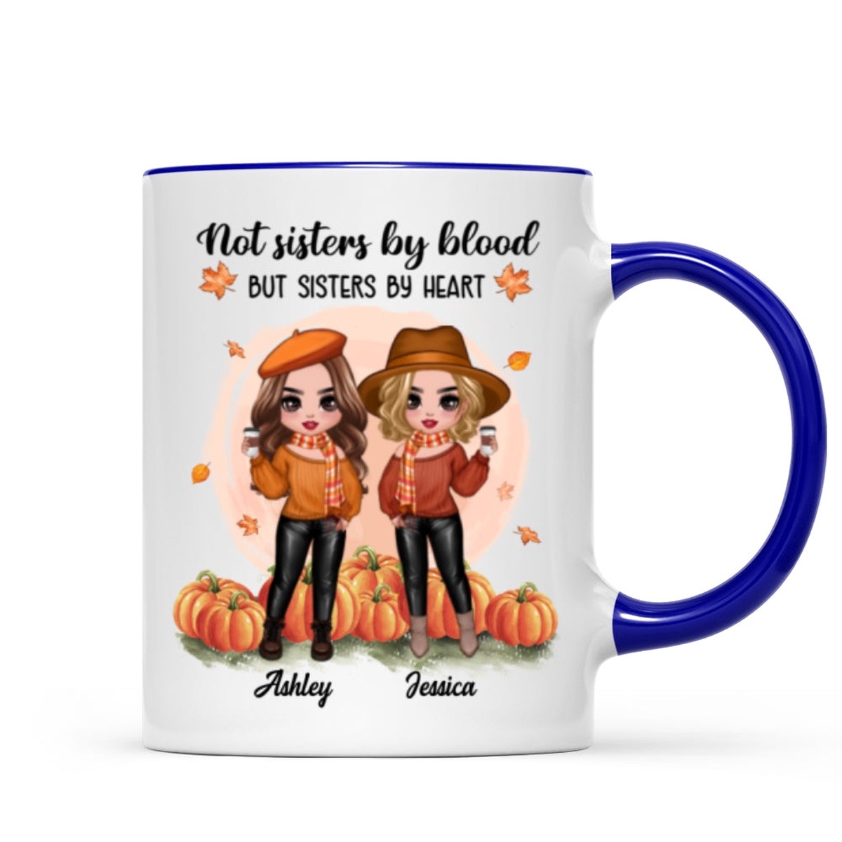 Standing Fall Season Doll Besties Best Friends Personalized Mug - Two Tone Mug | Dark Blue Accent | 11oz