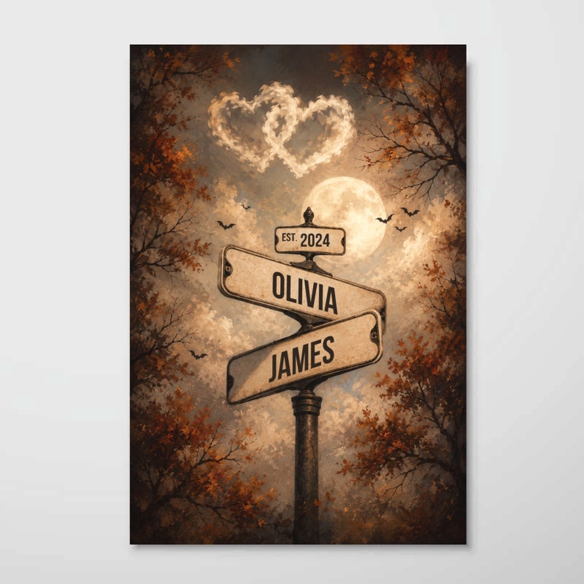 Spooky Halloween Full Moon Couple Street Sign - Personalized Poster - Custom Name And Date, Gift for Him, for Her - 8"x12"