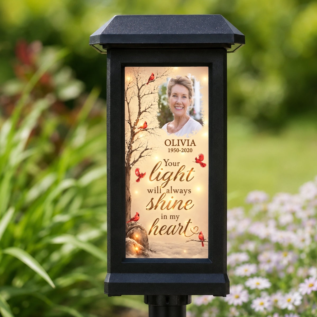 Your Light Will Always Shine in My Heart Cardinal Memorial - Personalized Solar Garden Light - Heartfelt Sympathy Gift for Loved Ones - 3.2" x 5.7" | Warm Light