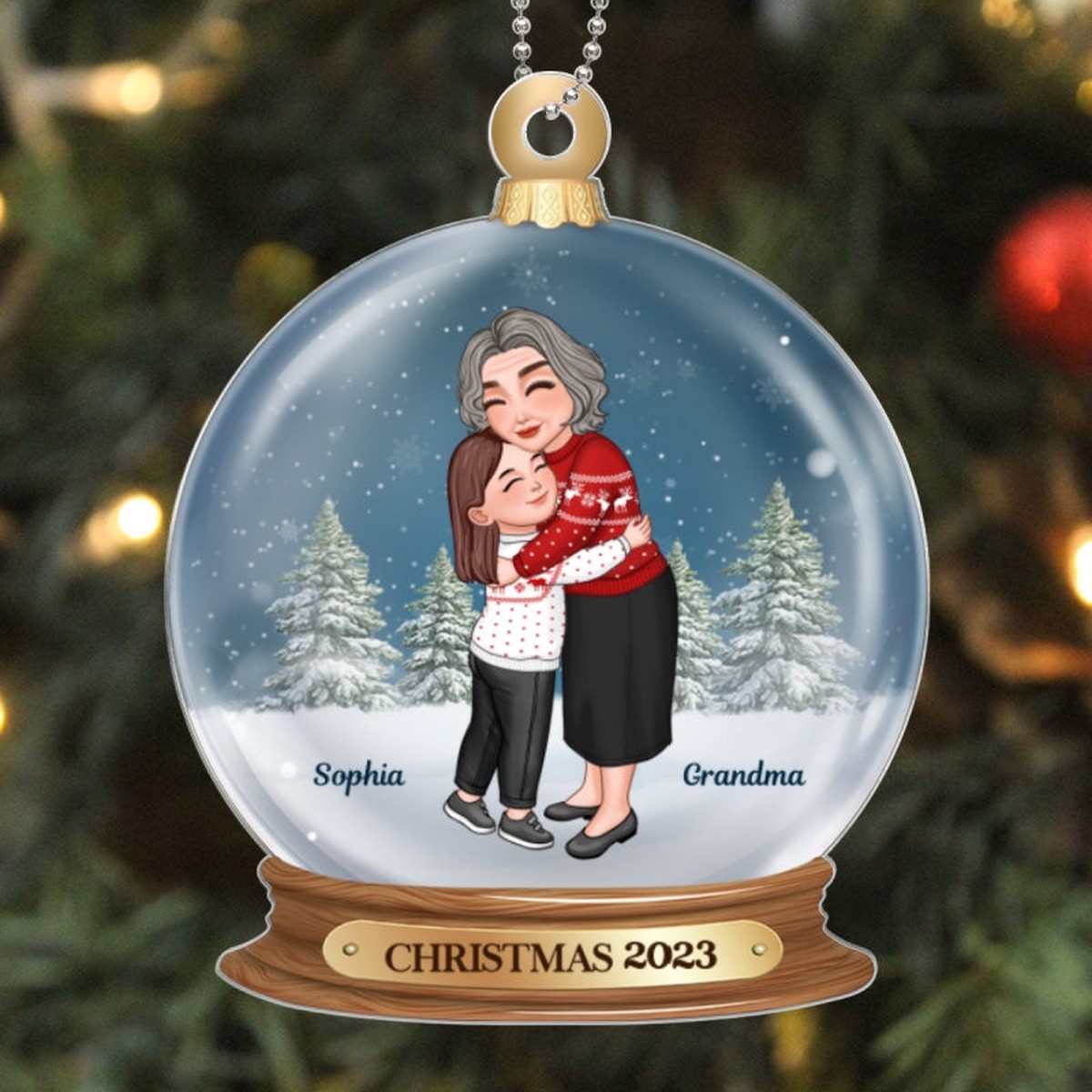 Grandma Hugging Grandkid In Snow Globe Personalized Acrylic Ornament - 1 Ornament