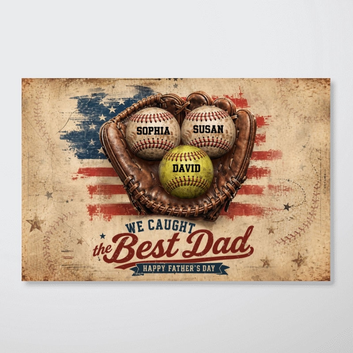 American Flag Baseball We Caught the Best Dad - Personalized Poster - Father's Day Gift for Dad, Husband - 12"x8"