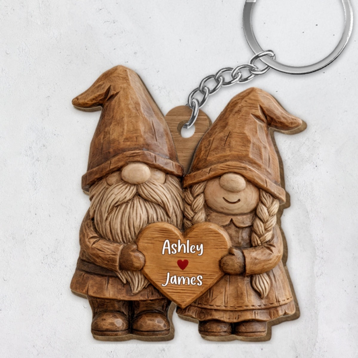 3D Effect Gnome Couple Standing - Personalized Wooden Keychain - Anniversary, Valentine's Day Gift For Him, Gift For Her - Wood | S - 2.35" | 1 Keychain