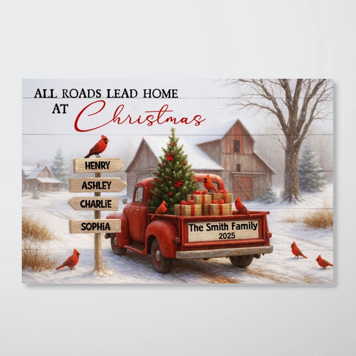 All Roads Lead Home at Christmas Rustic Farmhouse - Personalized Poster - Family Christmas Sign with Names, Christmas Home Decor - 12"x8"