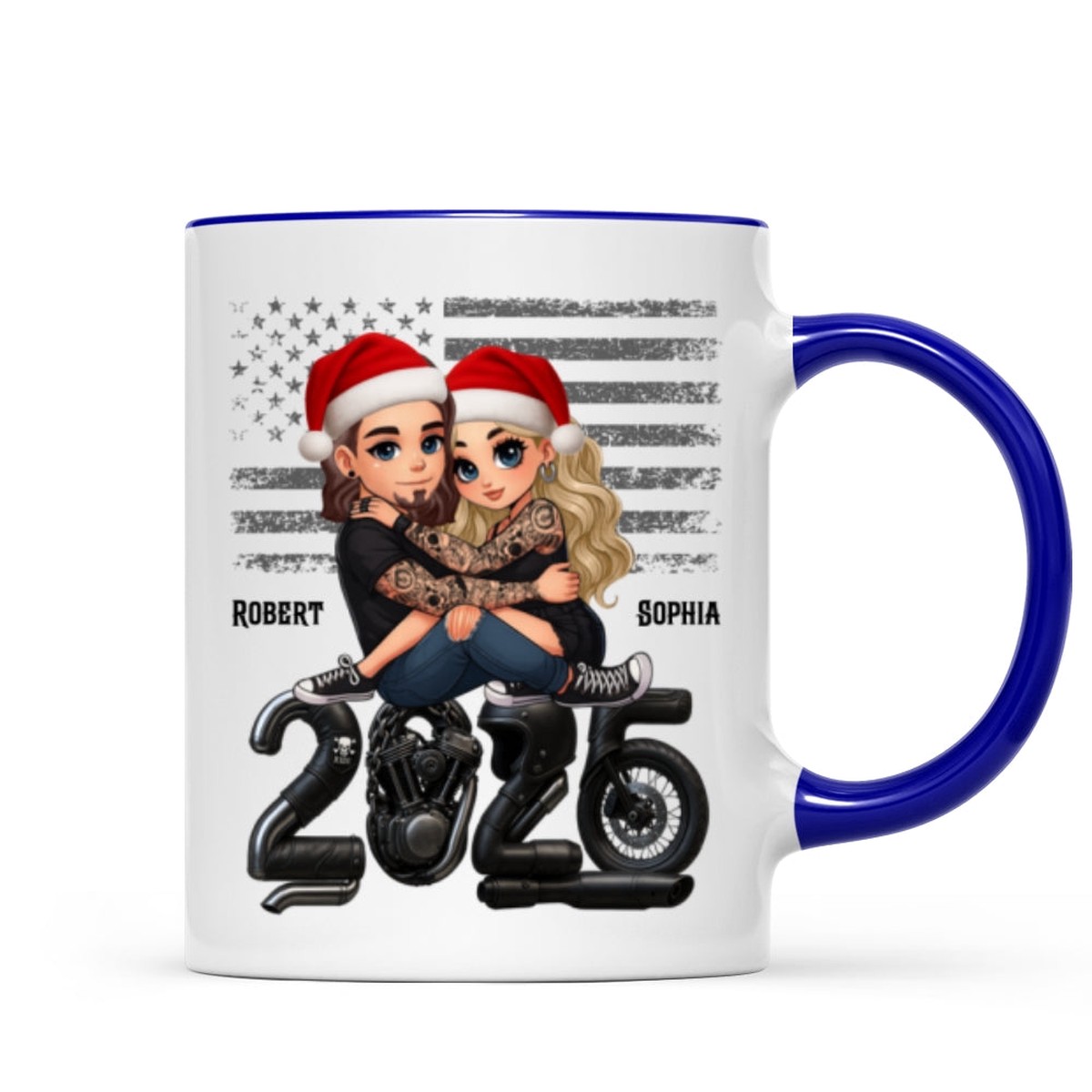 3D Effect Biker Couple Christmas - Personalized Mug - Gift For Bikers, Gift For Him, For Her - Dark Blue Accent | 1 Mug | 11oz