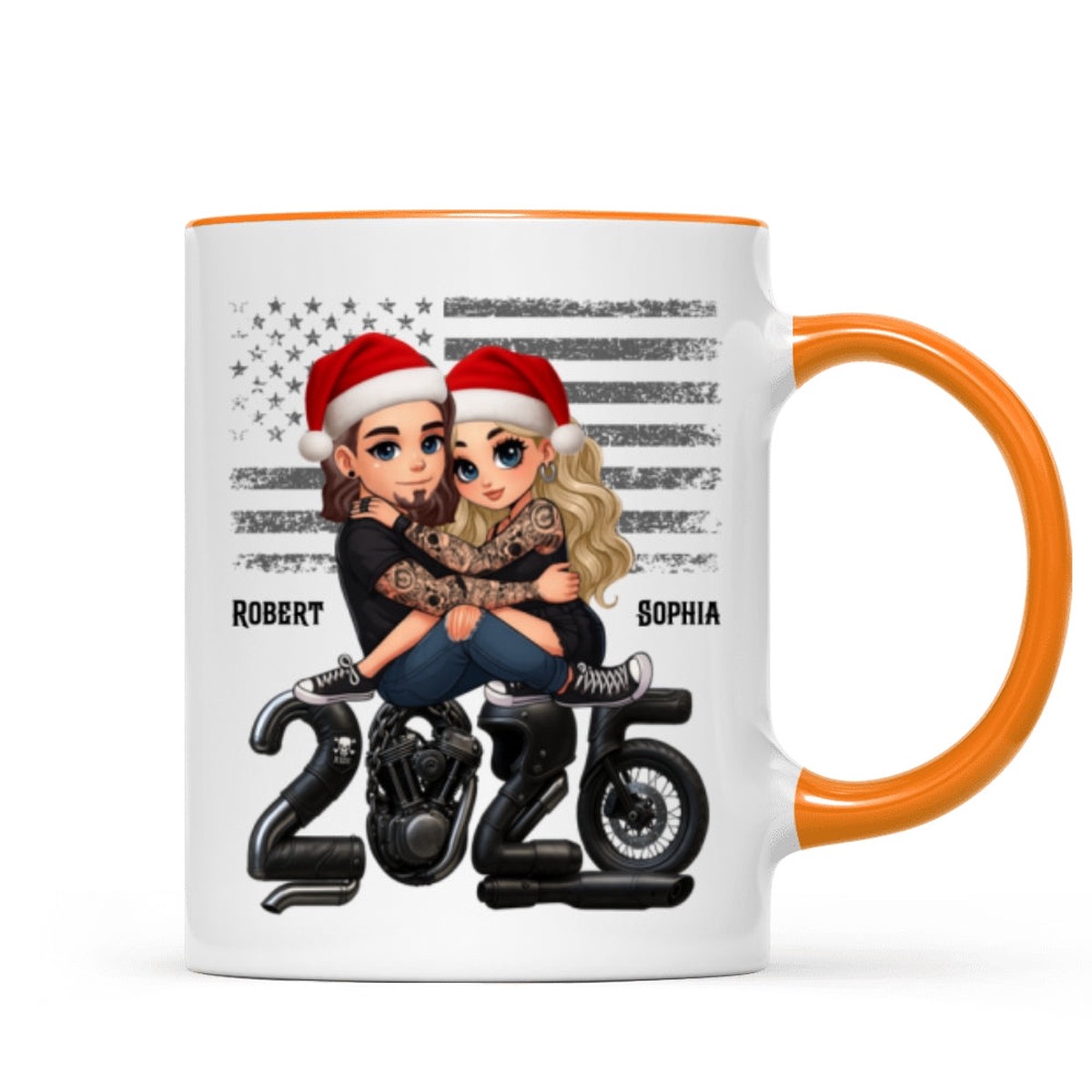 3D Effect Biker Couple Christmas - Personalized Mug - Gift For Bikers, Gift For Him, For Her - Orange Accent | 1 Mug | 11oz