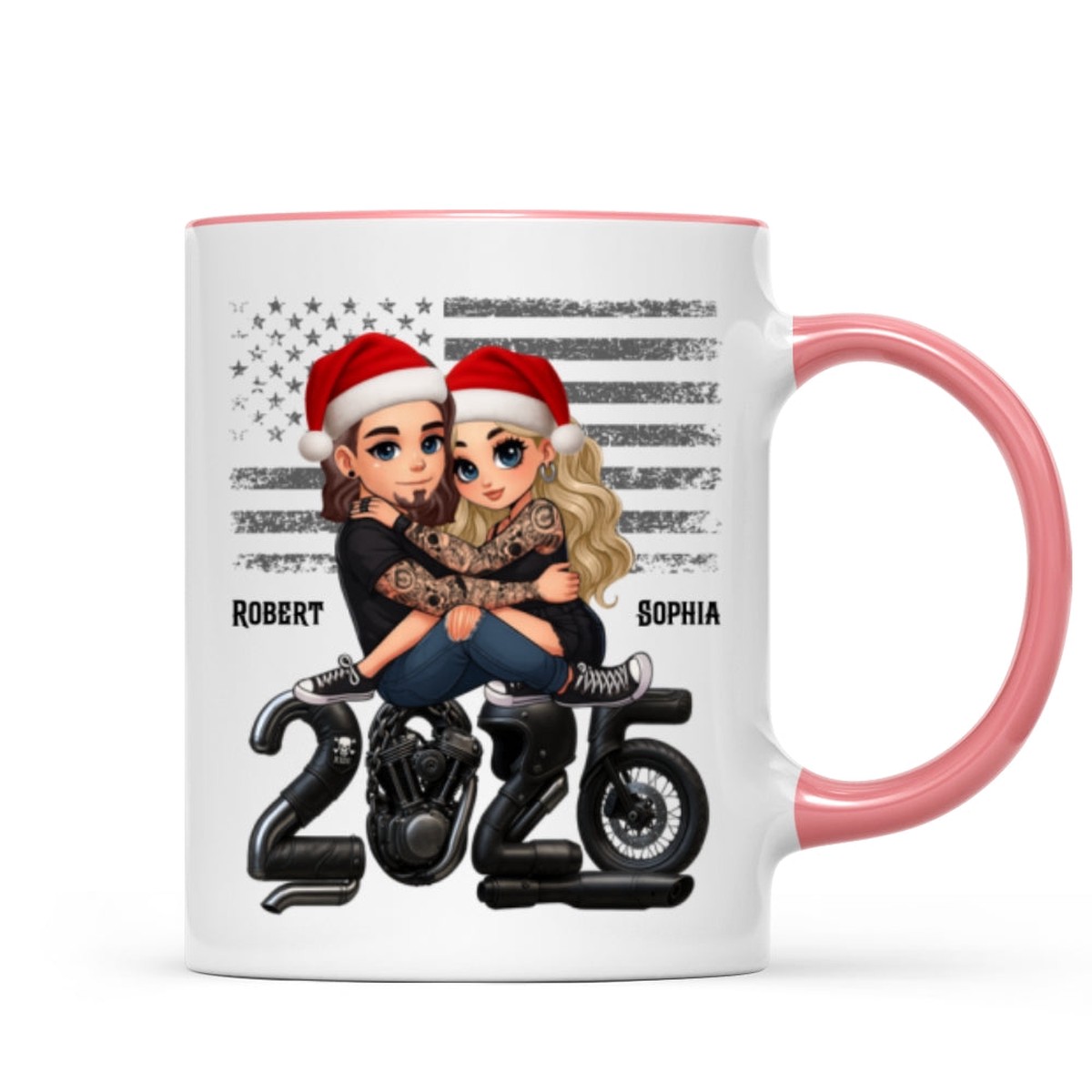 3D Effect Biker Couple Christmas - Personalized Mug - Gift For Bikers, Gift For Him, For Her - Pink Accent | 1 Mug | 11oz