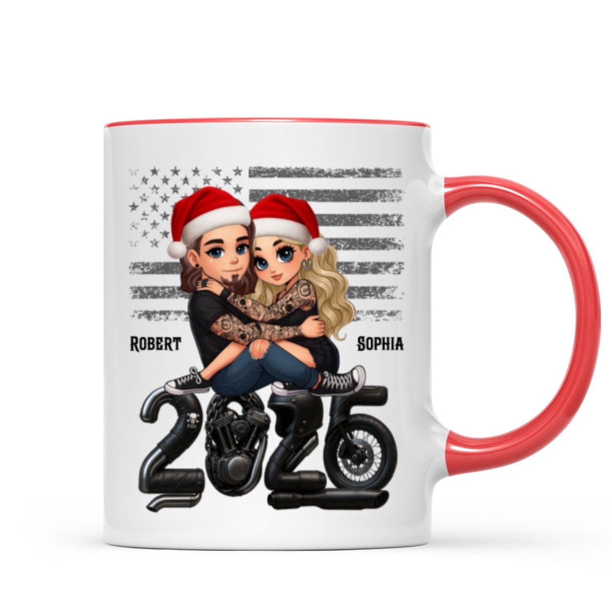3D Effect Biker Couple Christmas - Personalized Mug - Gift For Bikers, Gift For Him, For Her - Red Accent | 1 Mug | 11oz