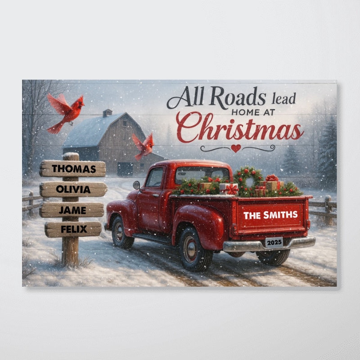 All Roads Lead Home at Christmas - Personalized Poster - Family Christmas Sign with Names, Christmas Home Decor - 12"x8"