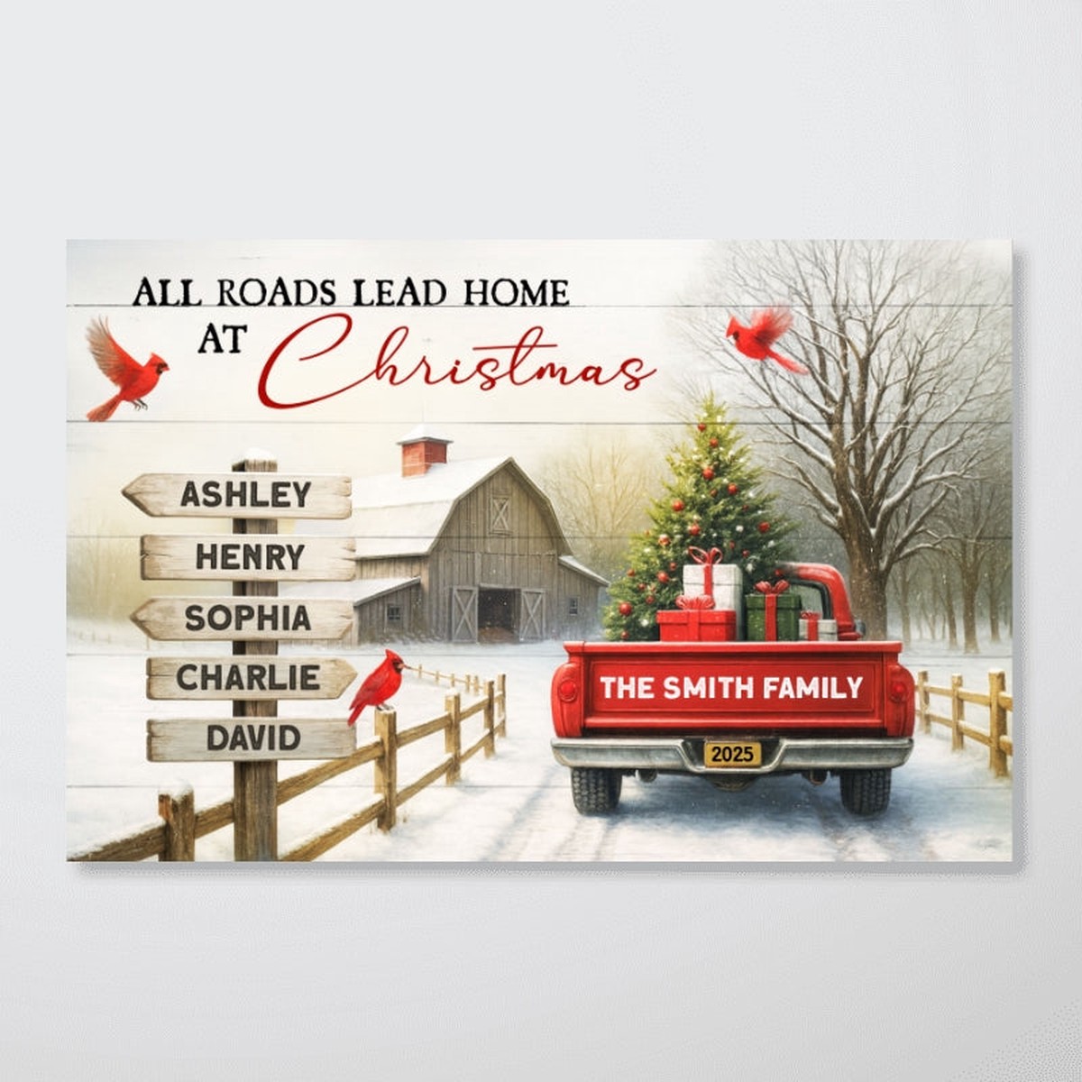 All Roads Lead Home at Christmas Red Truck - Personalized Poster - Family Christmas Sign with Names, Christmas Home Decor - 12"x8"