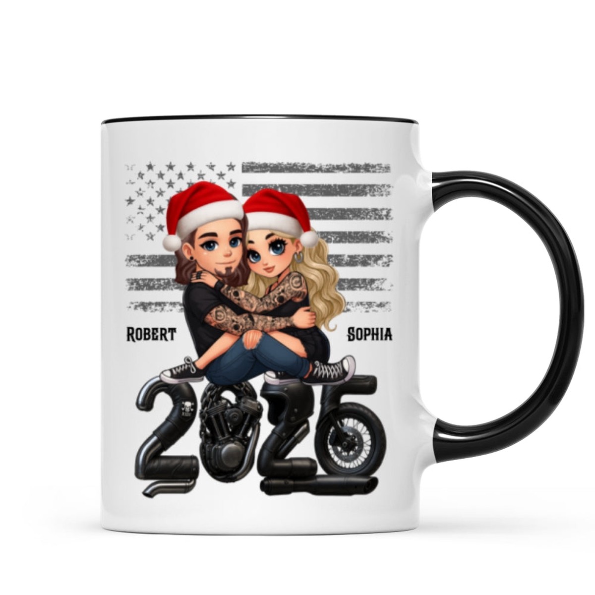 3D Effect Biker Couple Christmas - Personalized Mug - Gift For Bikers, Gift For Him, For Her - Black Accent | 1 Mug | 11oz