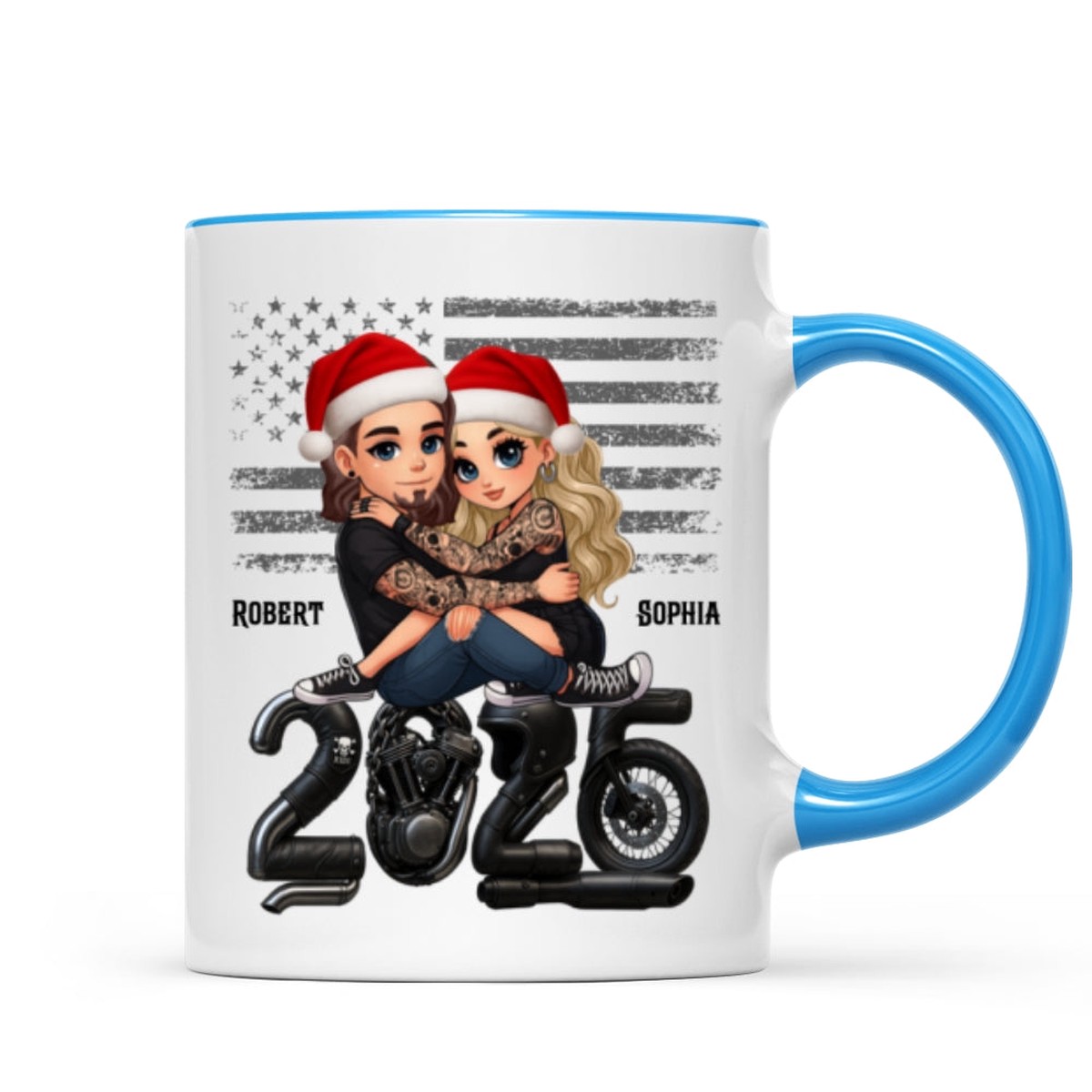 3D Effect Biker Couple Christmas - Personalized Mug - Gift For Bikers, Gift For Him, For Her - Light Blue Accent | 1 Mug | 11oz
