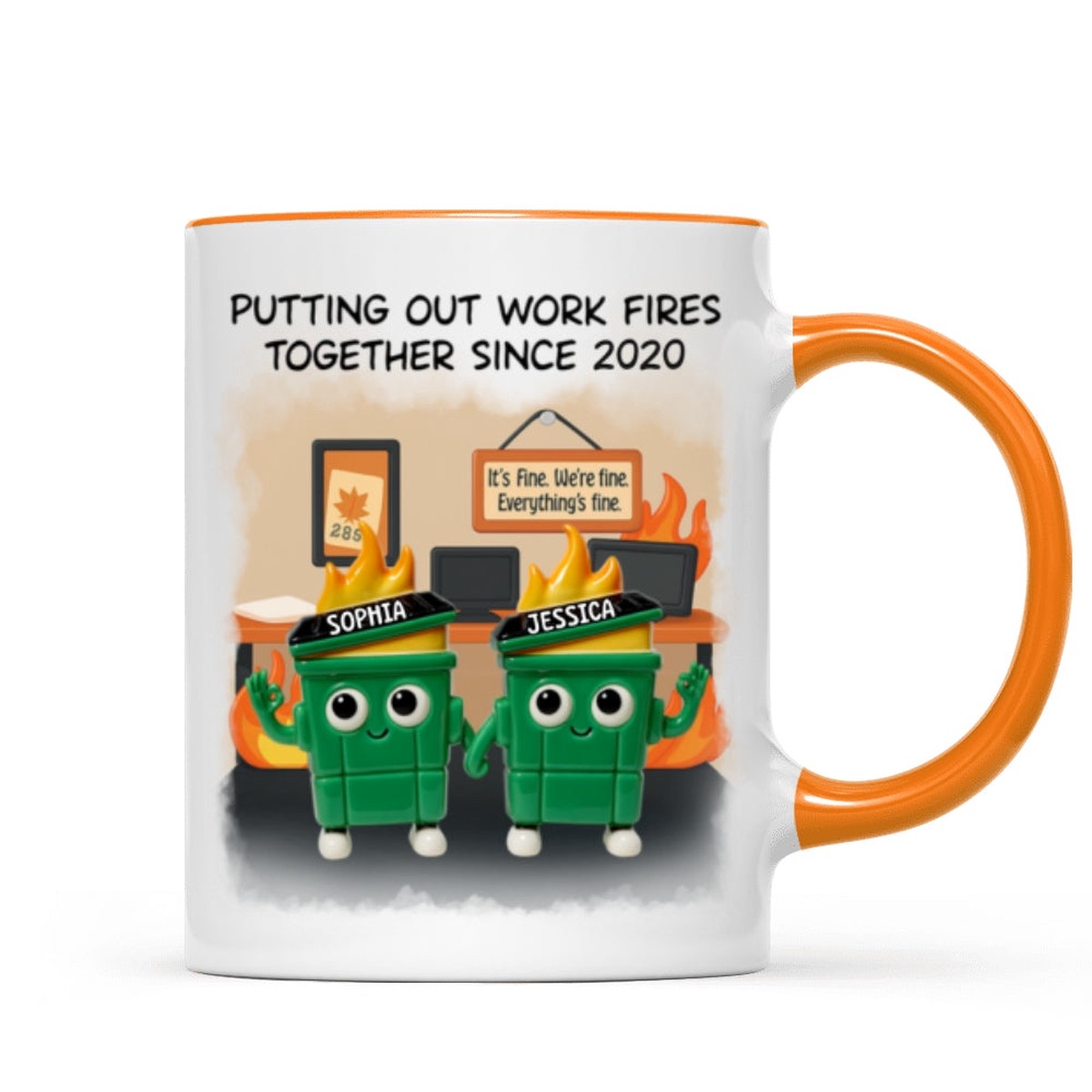 3D Effect Dumpster Fires In Office Scene - Personalized Mug - Funny Gift For Colleagues, Work Besties - Orange Accent | 1 Mug | 11oz