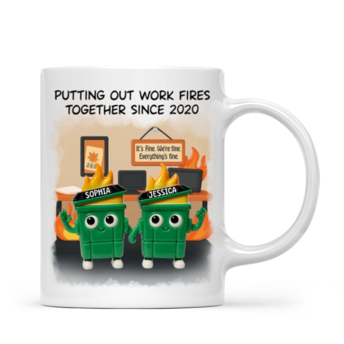 3D Effect Dumpster Fires In Office Scene - Personalized Mug - Funny Gift For Colleagues, Work Besties - White | 1 Mug | 11oz