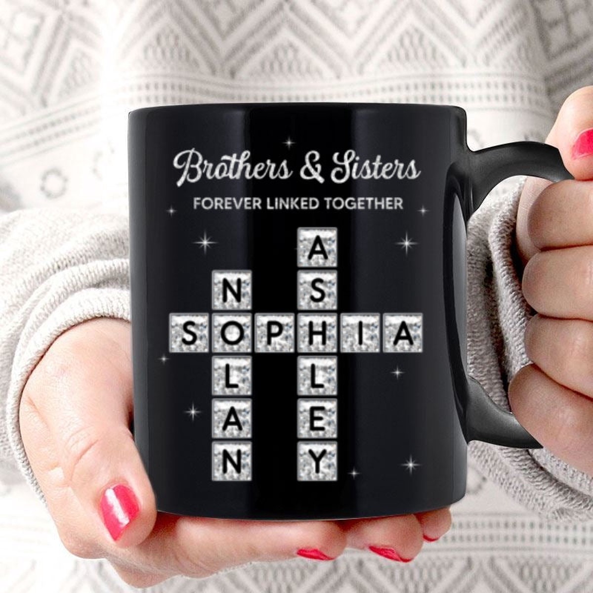 3D Shining Effect Brothers Sisters Crossword Puzzle Art - Personalized Mug - Christmas Gift For Siblings, Brothers, Sisters - 11oz | Ceramic Mug | 1 Mug