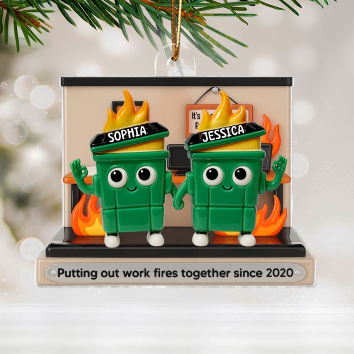 [BUY 1 GET 1 FREE] 3D Effect Dumpster Fires In Office Scene - Personalized Acrylic Ornament - Funny Gift For Colleagues, Work Besties - Acrylic | 3.54" | Set Of 2