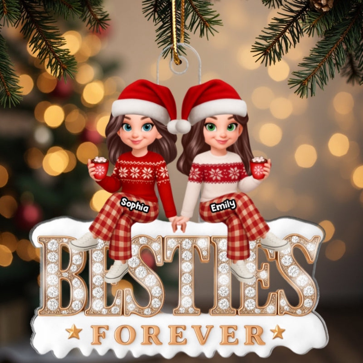 [BUY 1 GET 1 FREE] 3D Shining Effect Besties Forever - Personalized Acrylic Ornament - Gift For Best Friends - Acrylic | 3.54" | Set Of 2