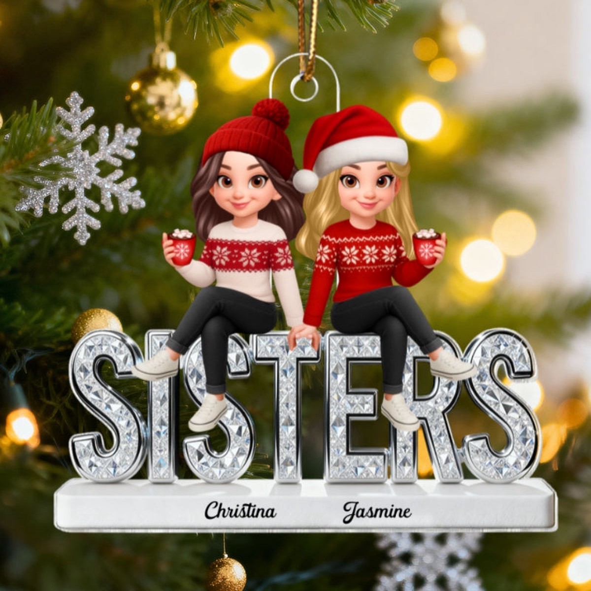 [BUY 1 GET 1 FREE] 3D Shinning Effect Sisters Forever Christmas - Personalized Acrylic Ornament - Gift For Sisters - Acrylic | 3.54" | Set Of 2