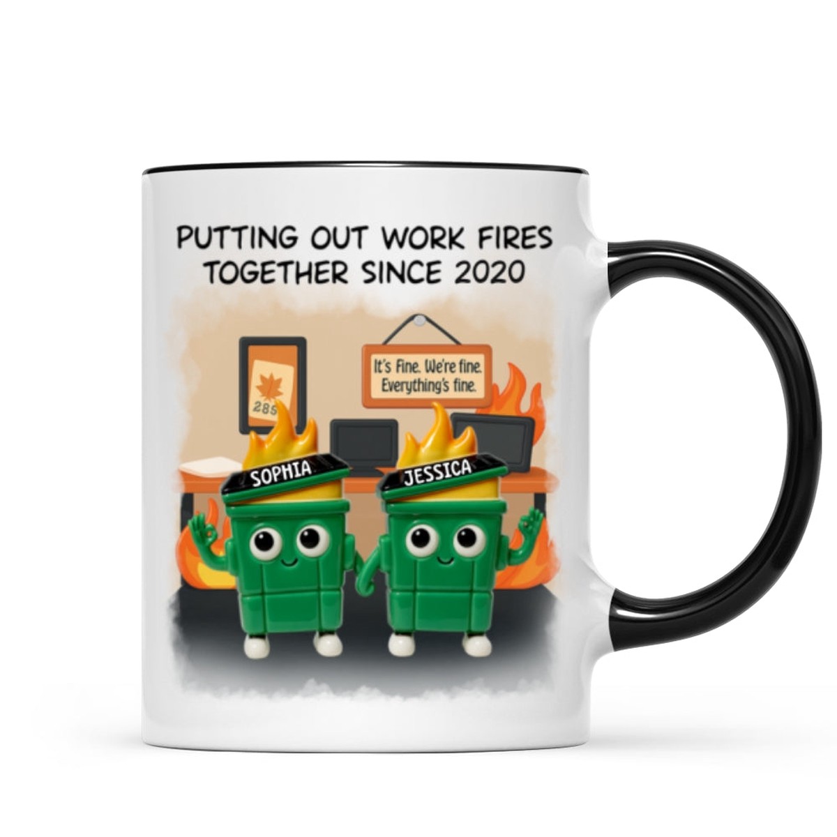 3D Effect Dumpster Fires In Office Scene - Personalized Mug - Funny Gift For Colleagues, Work Besties - Black Accent | 1 Mug | 11oz